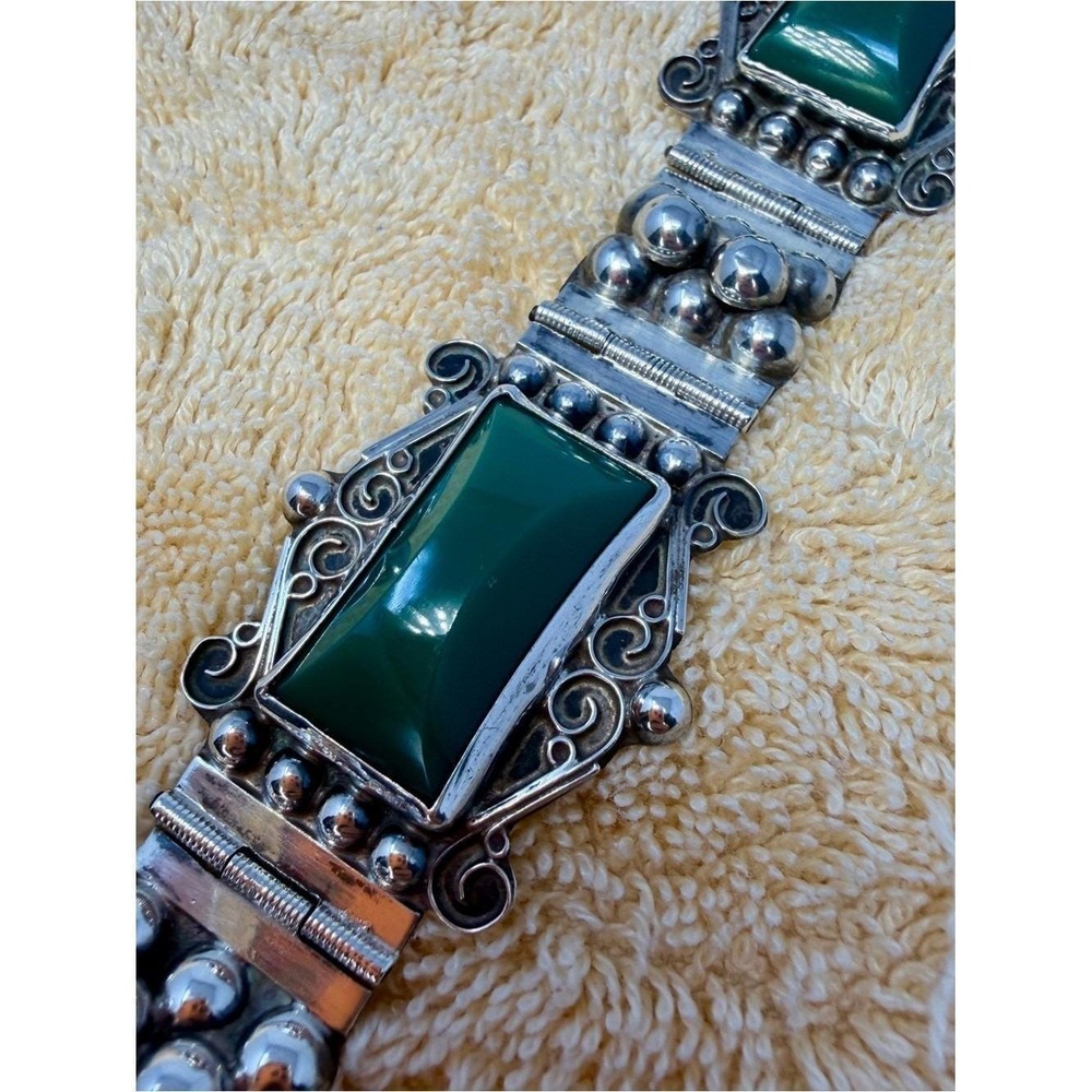 Vintage Mid-Century Mexican Sterling Silver Green Onyx Panel Link Bracelet 7 in - Picture 14 of 16
